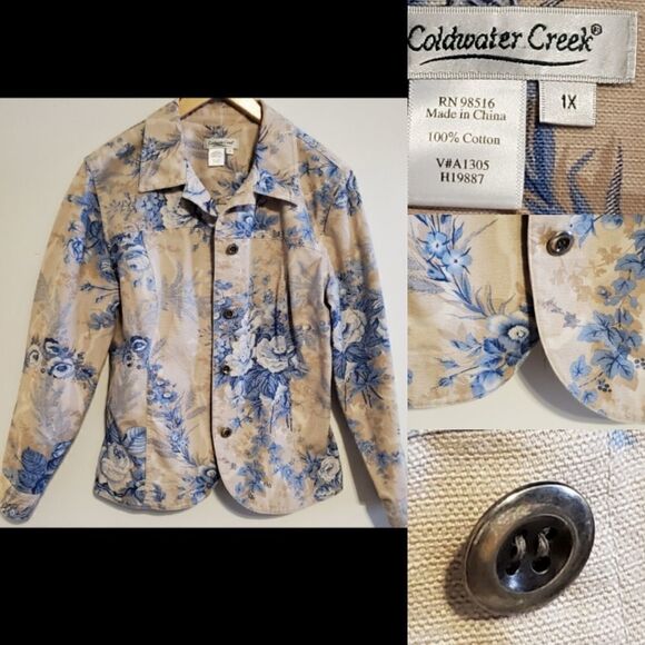 1X COLDWATER CREEK TAN BLUE FLORAL BUTTON FRONT LIGHTWEIGHT BLAZER JACKET 1 X - Picture 1 of 14